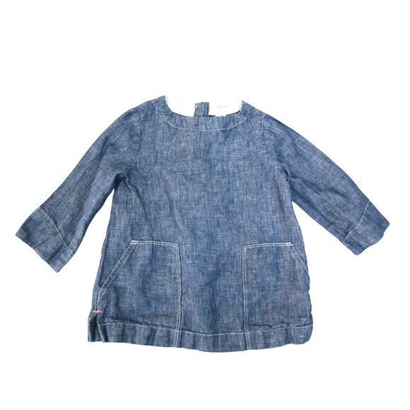Crewcuts Kids Chambray Dress Size 2 Linen Blend Blue Long Sleeve Pockets - Picture 1 of 7